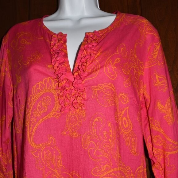 J McLaughlin Hot Pink Paisley Blouse Small V Neck Cotton Boho Tunic Top - Picture 9 of 15